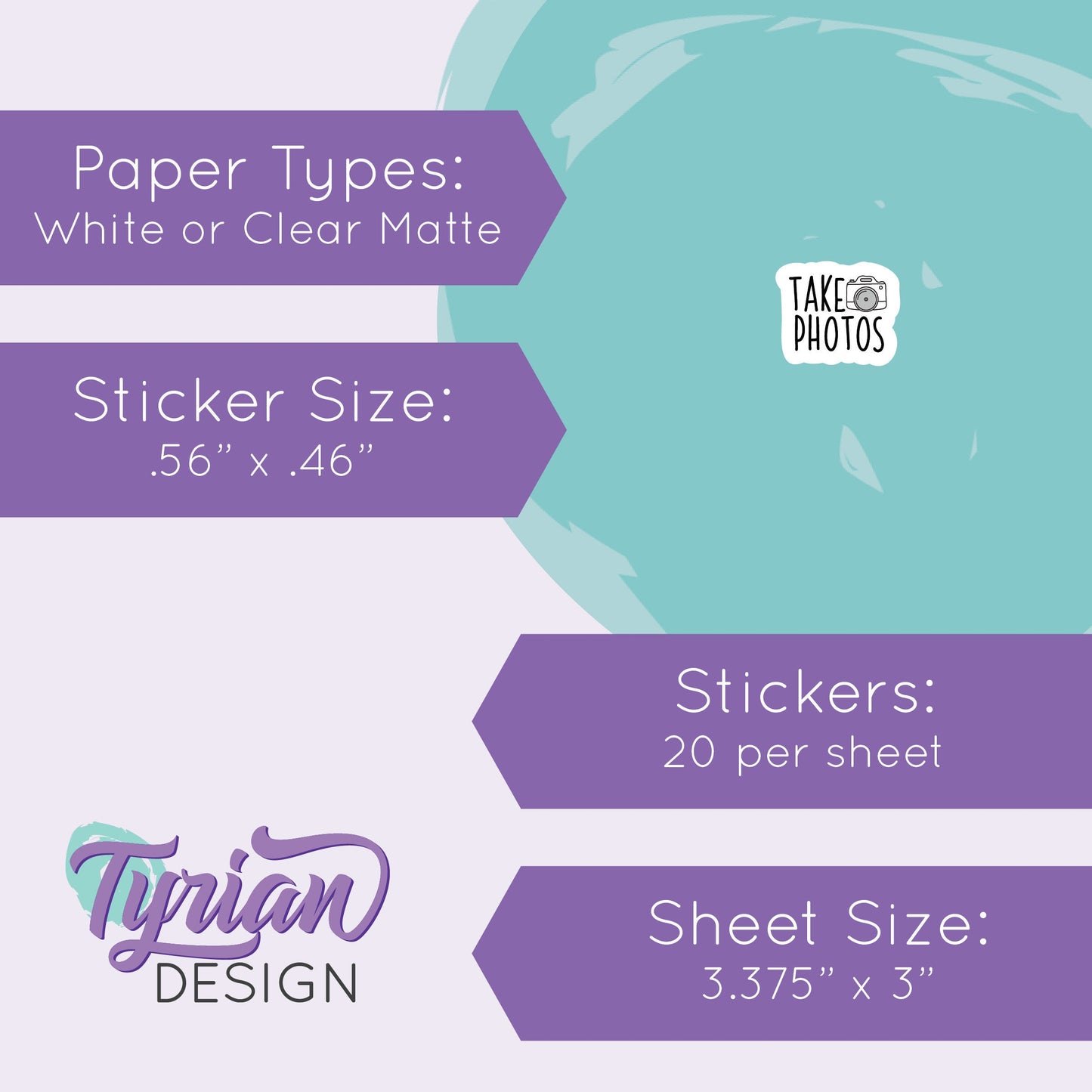 Take Photos Tiny Stickers |20 Stickers | .46 x .46" each |Font: Charley