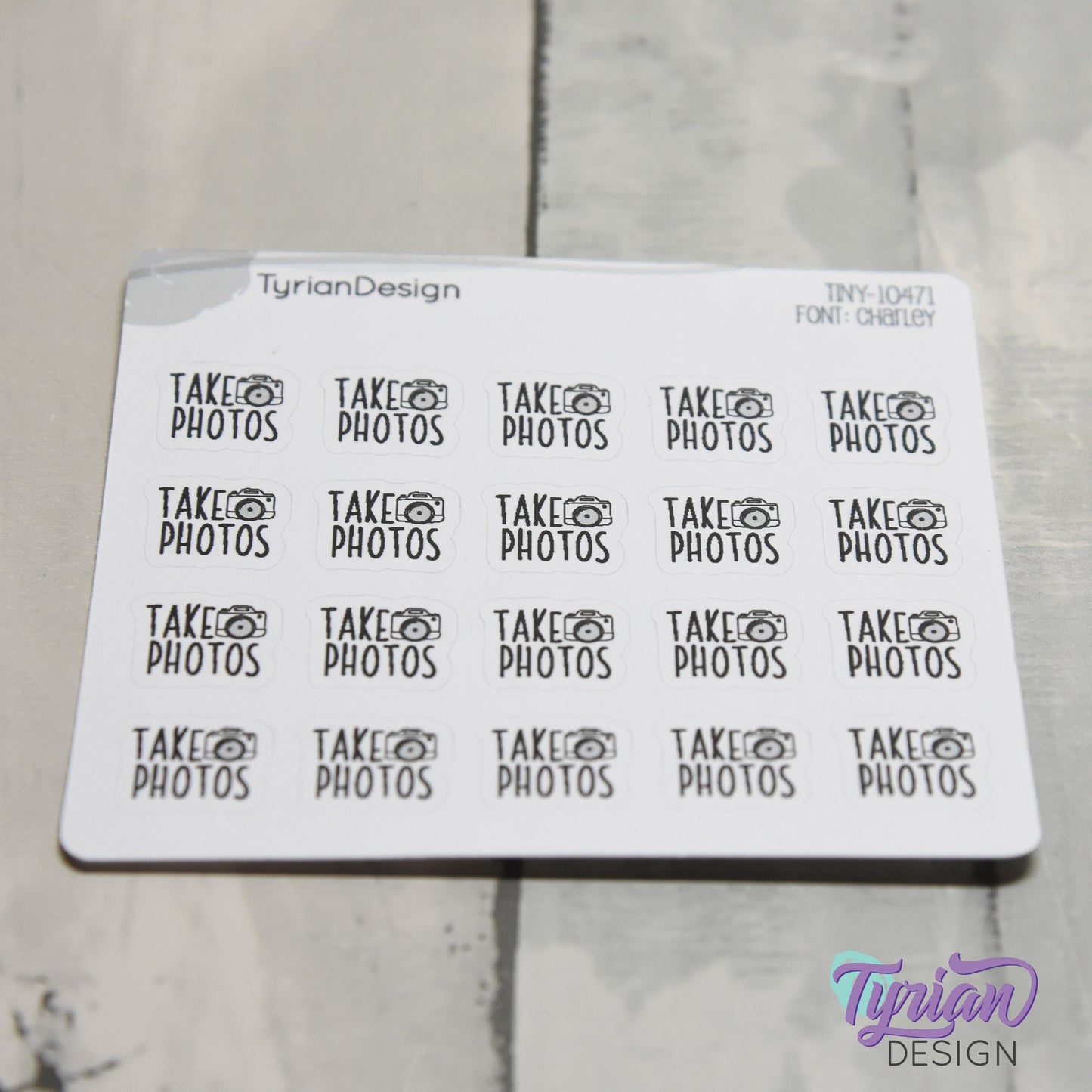 Take Photos Tiny Stickers |20 Stickers | .46 x .46" each |Font: Charley