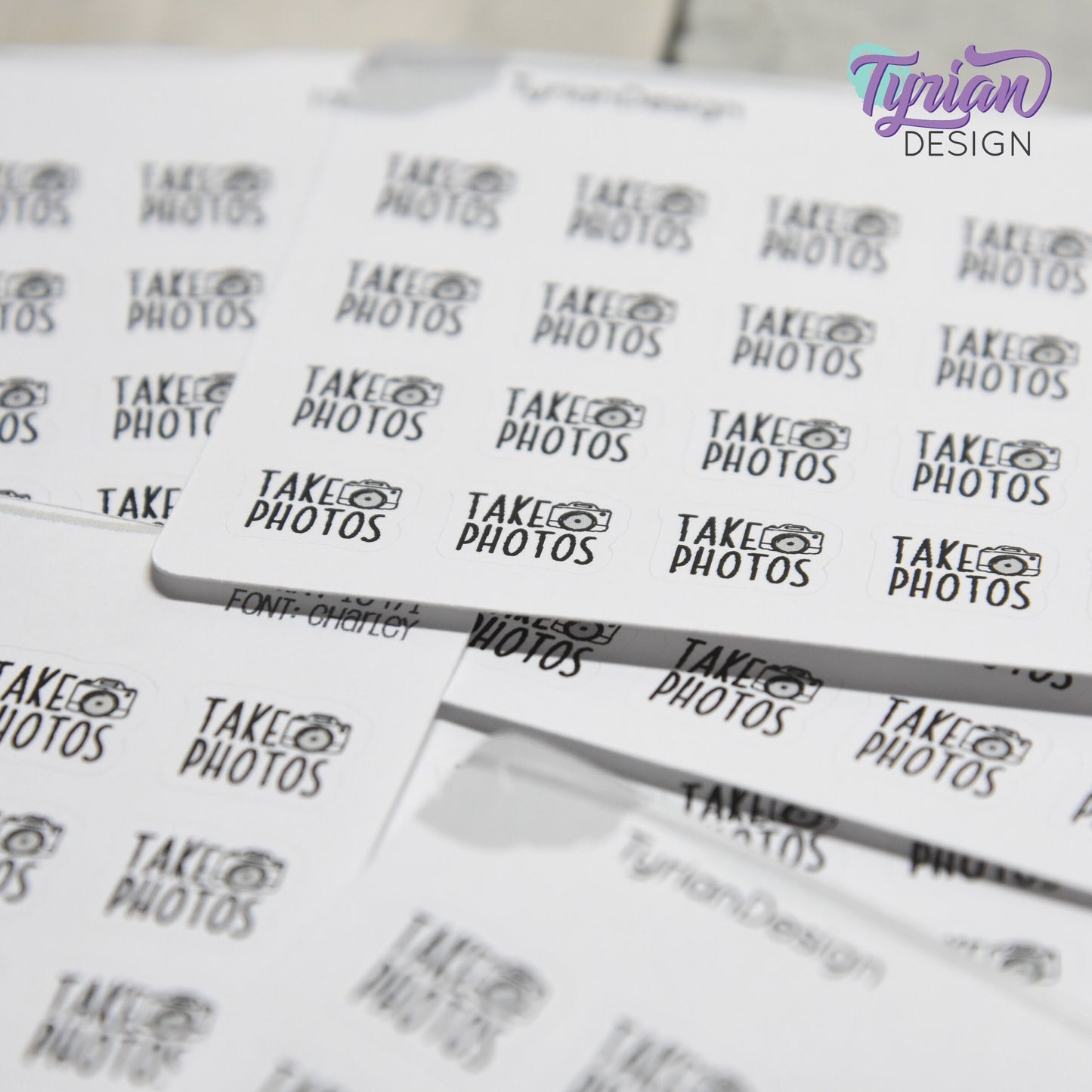 Take Photos Tiny Stickers |20 Stickers | .46 x .46" each |Font: Charley
