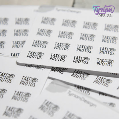 Take Photos Tiny Stickers |20 Stickers | .46 x .46" each |Font: Charley