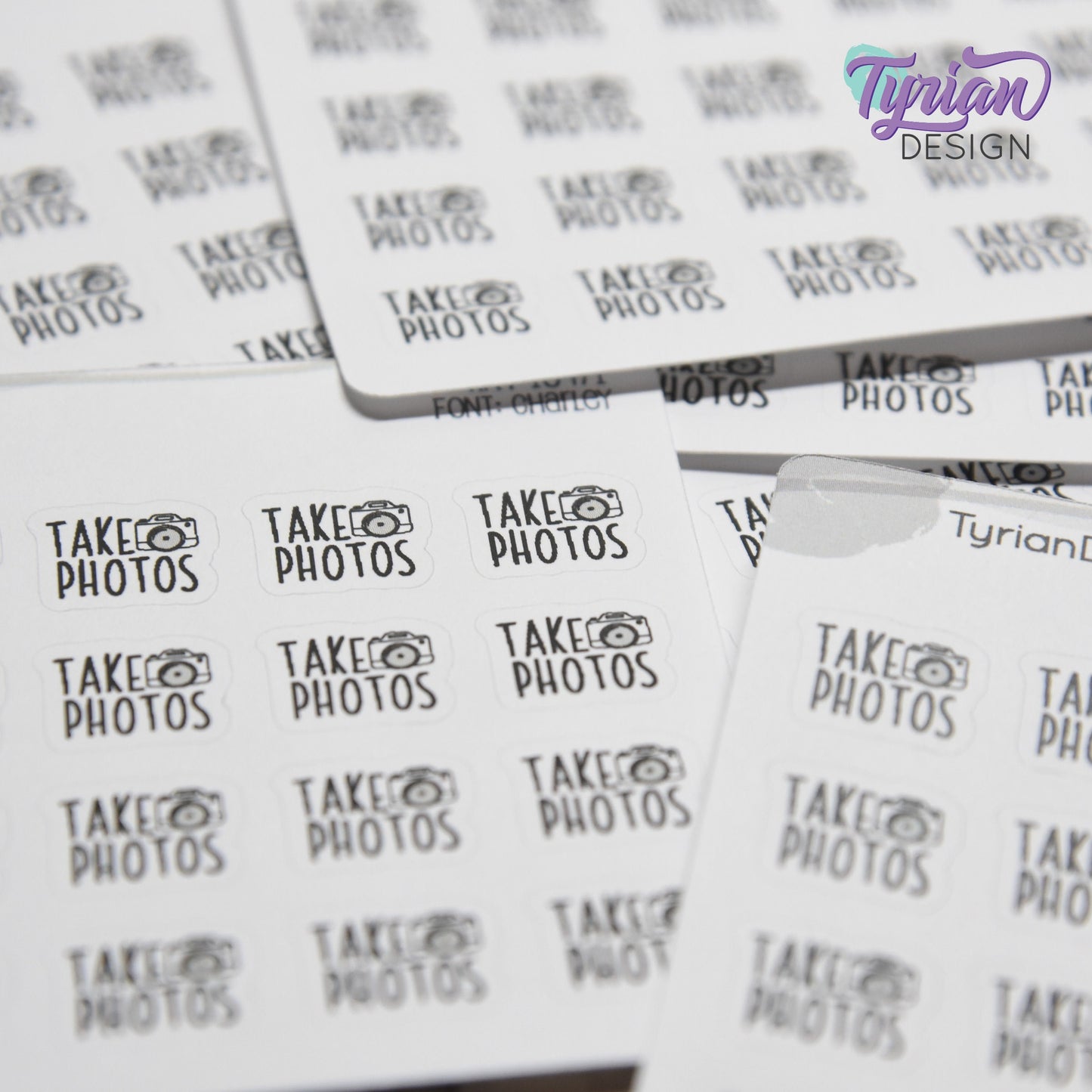 Take Photos Tiny Stickers |20 Stickers | .46 x .46" each |Font: Charley