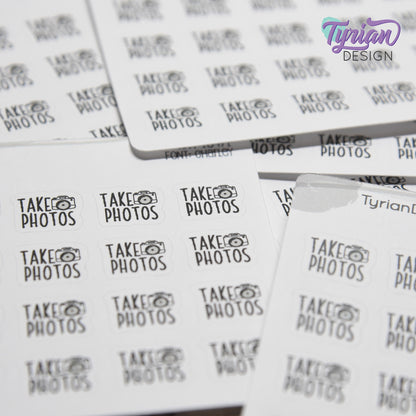 Take Photos Tiny Stickers |20 Stickers | .46 x .46" each |Font: Charley