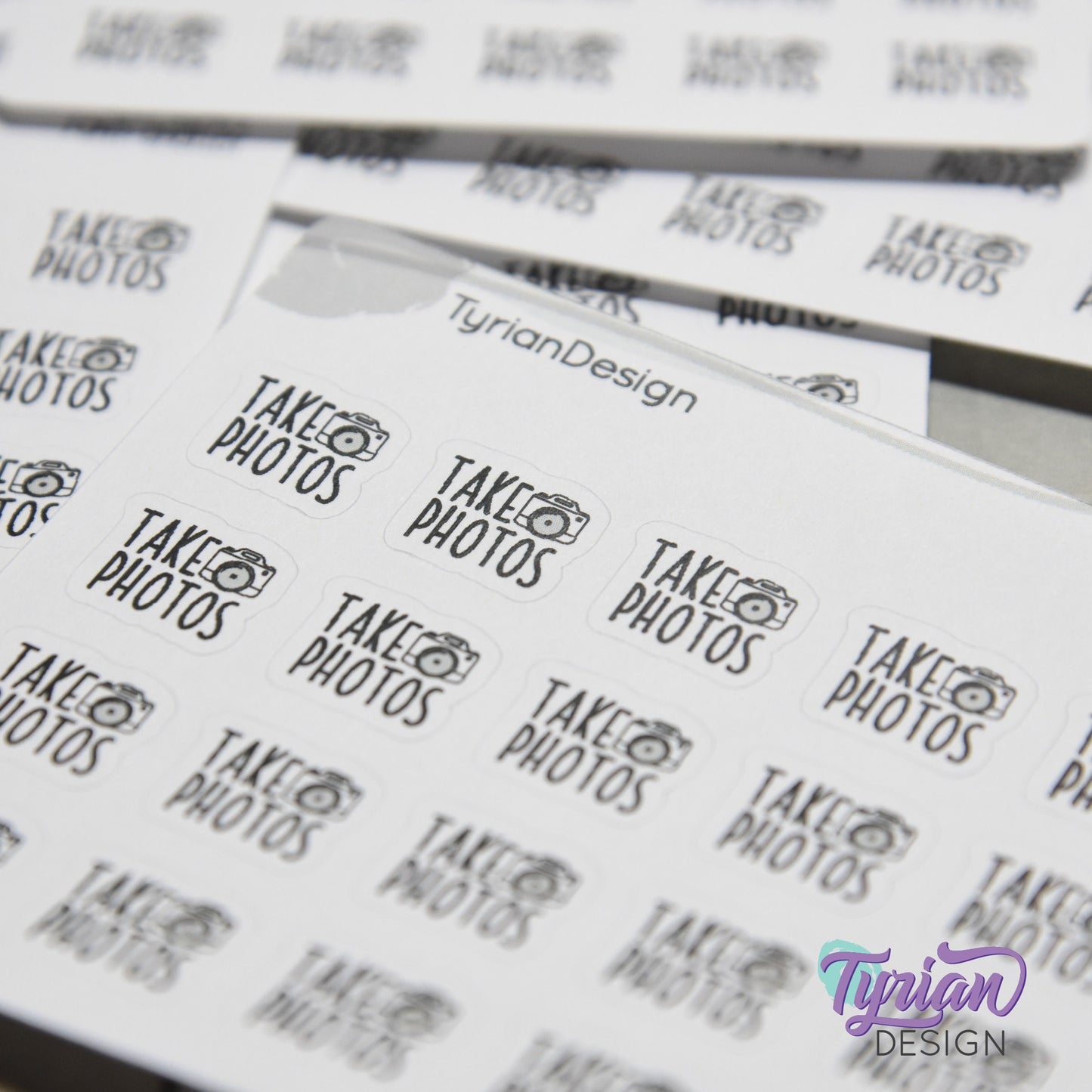 Take Photos Tiny Stickers |20 Stickers | .46 x .46" each |Font: Charley
