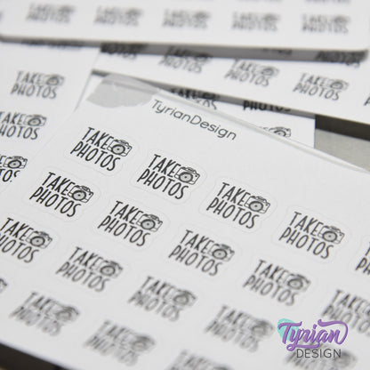 Take Photos Tiny Stickers |20 Stickers | .46 x .46" each |Font: Charley