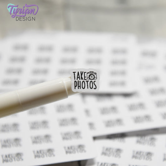 Take Photos Tiny Stickers |20 Stickers | .46 x .46" each |Font: Charley