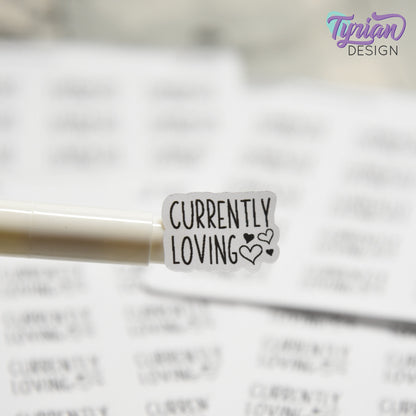Currently Loving Stickers | Music | Books | Food | Life | 15 Stickers | .87" x .61" Each | 3.5 x 4.5" Sheet | Charley Font