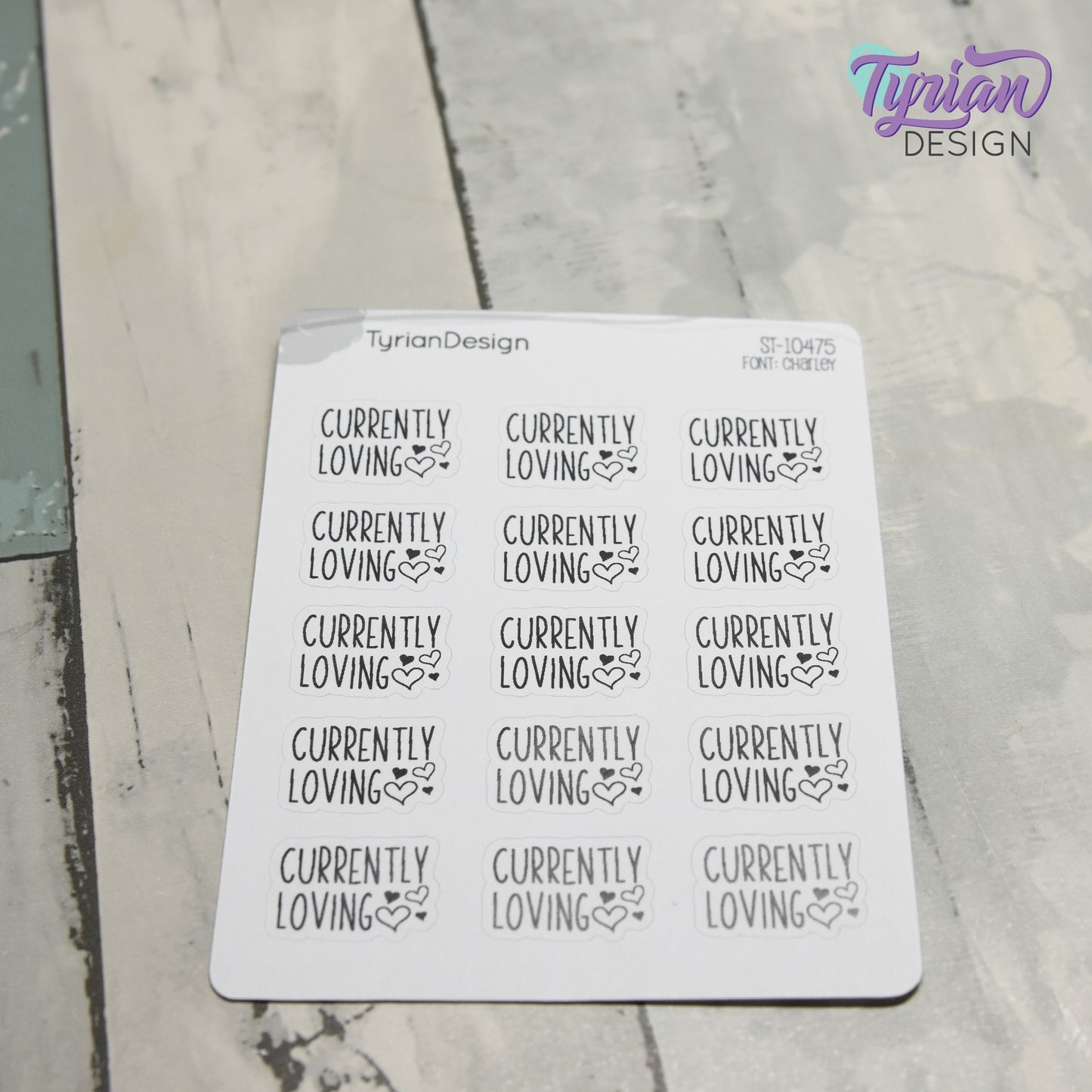 Currently Loving Stickers | Music | Books | Food | Life | 15 Stickers | .87" x .61" Each | 3.5 x 4.5" Sheet | Charley Font