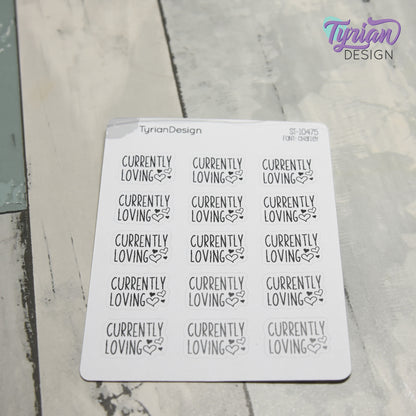 Currently Loving Stickers | Music | Books | Food | Life | 15 Stickers | .87" x .61" Each | 3.5 x 4.5" Sheet | Charley Font