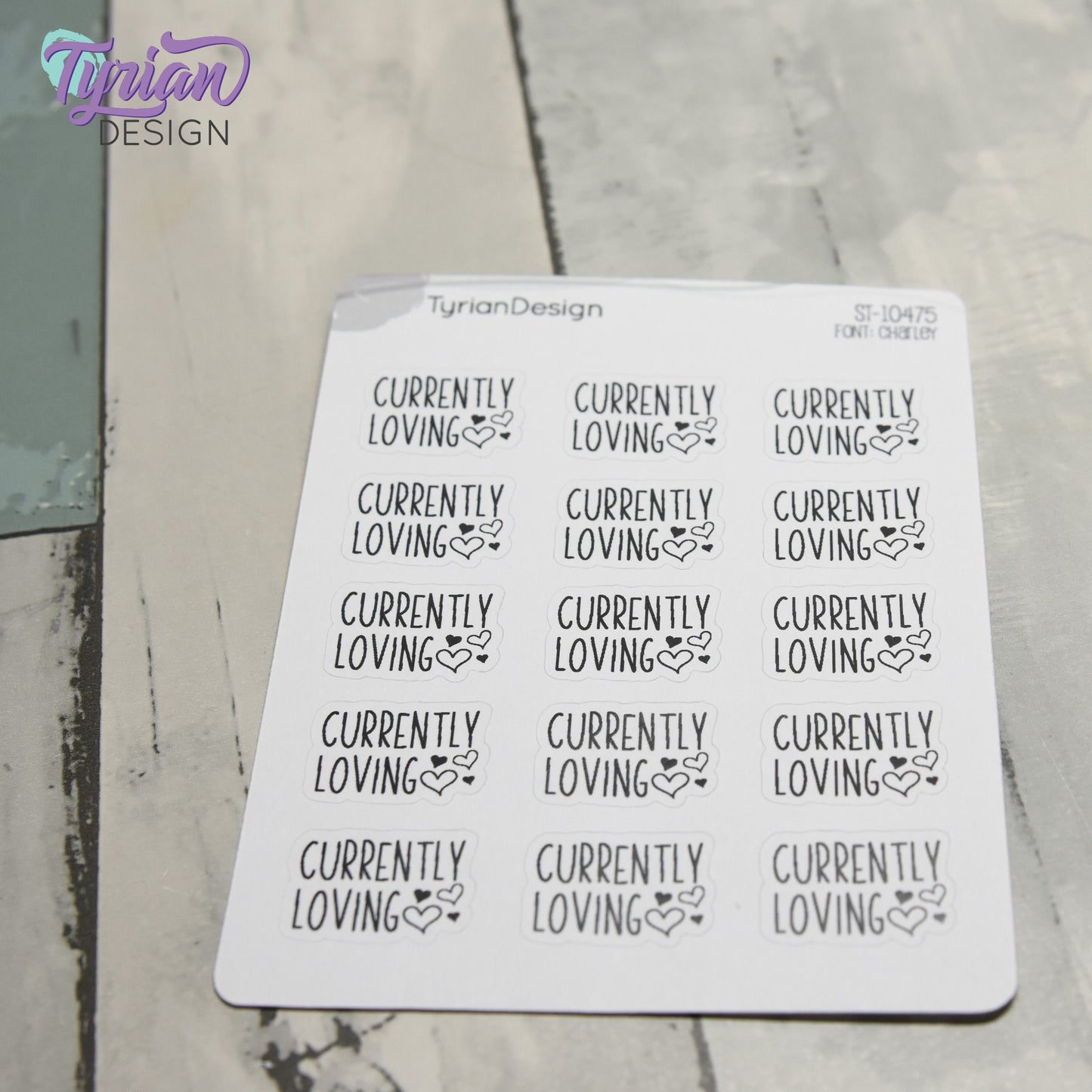 Currently Loving Stickers | Music | Books | Food | Life | 15 Stickers | .87" x .61" Each | 3.5 x 4.5" Sheet | Charley Font