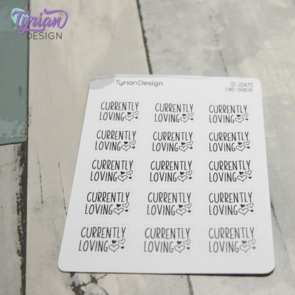 Currently Loving Stickers | Music | Books | Food | Life | 15 Stickers | .87" x .61" Each | 3.5 x 4.5" Sheet | Charley Font