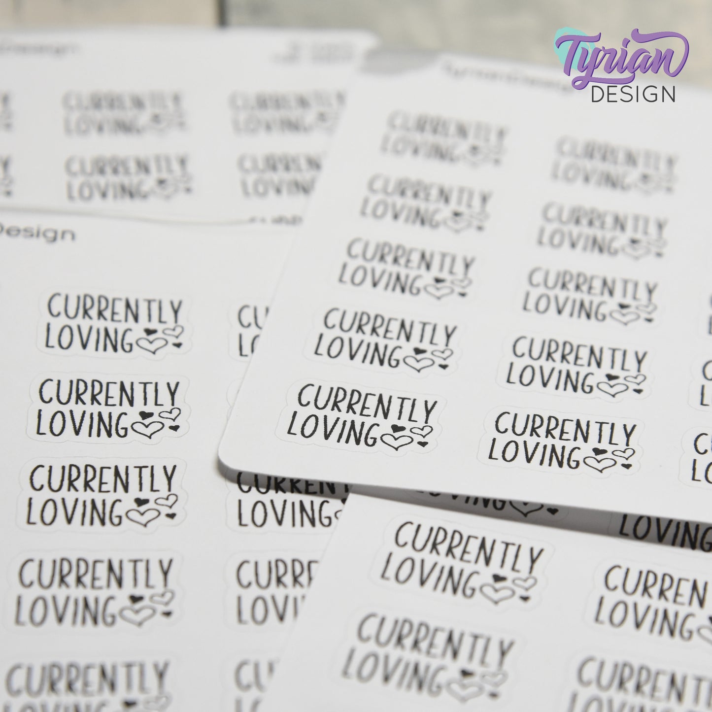 Currently Loving Stickers | Music | Books | Food | Life | 15 Stickers | .87" x .61" Each | 3.5 x 4.5" Sheet | Charley Font