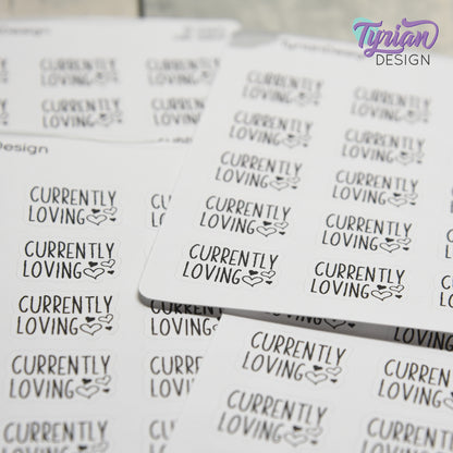Currently Loving Stickers | Music | Books | Food | Life | 15 Stickers | .87" x .61" Each | 3.5 x 4.5" Sheet | Charley Font