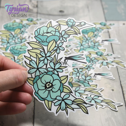 Dragonfly Moon Vinyl Sticker | High quality weather proof vinyl | 3 x 2.75" | Flower Moon | Pastel sticker | Dragonfly in flowers