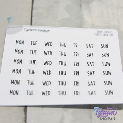 Tiny Days of the Week Stickers | 42 Stickers | Font: Charley