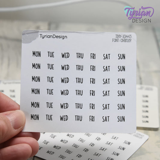 Tiny Days of the Week Stickers | 42 Stickers | Font: Charley