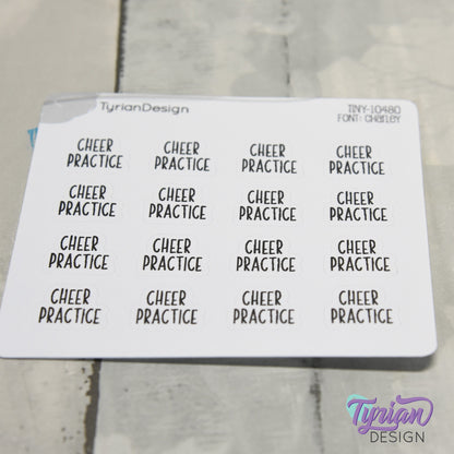 Tiny Cheer Practice Stickers | 16 Stickers | .6 x .48" each | Font: Charley