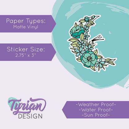 Dragonfly Moon Vinyl Sticker | High quality weather proof vinyl | 3 x 2.75" | Flower Moon | Pastel sticker | Dragonfly in flowers