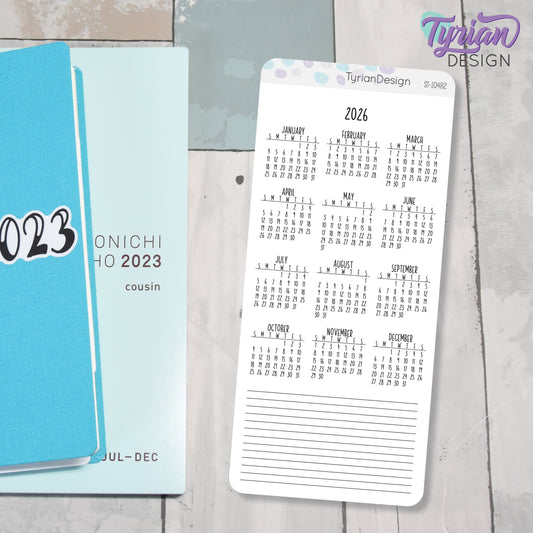 2026 Monthly Sticker for Hobonichi Weeks | Sunday Start | 1 Sticker | Sized to fit full page