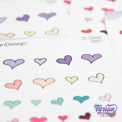 Hand Drawn Heart Stickers | Variety of Sizes | 30 Stickers per sheet | 1/2" max sticker size.