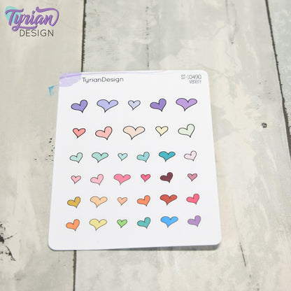 Hand Drawn Heart Stickers | Variety of Sizes | 30 Stickers per sheet | 1/2" max sticker size.