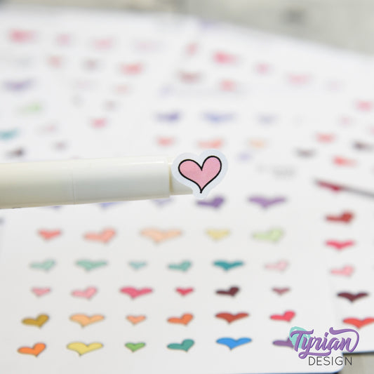 Hand Drawn Heart Stickers | Variety of Sizes | 30 Stickers per sheet | 1/2" max sticker size.