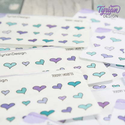 Heart Stickers | Tiny Heart stickers on a mini sheet | 21 stickers | .45 x .38" Max | Heart icon sticker | White or Clear Matte