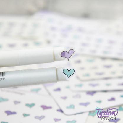 Heart Stickers | Tiny Heart stickers on a mini sheet | 21 stickers | .45 x .38" Max | Heart icon sticker | White or Clear Matte