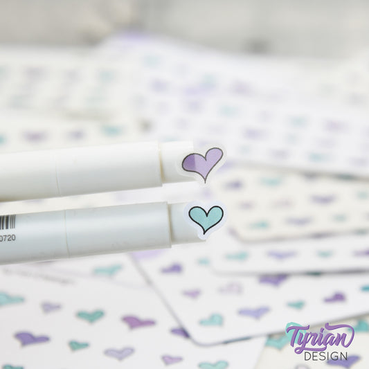 Heart Stickers | Tiny Heart stickers on a mini sheet | 21 stickers | .45 x .38" Max | Heart icon sticker | White or Clear Matte