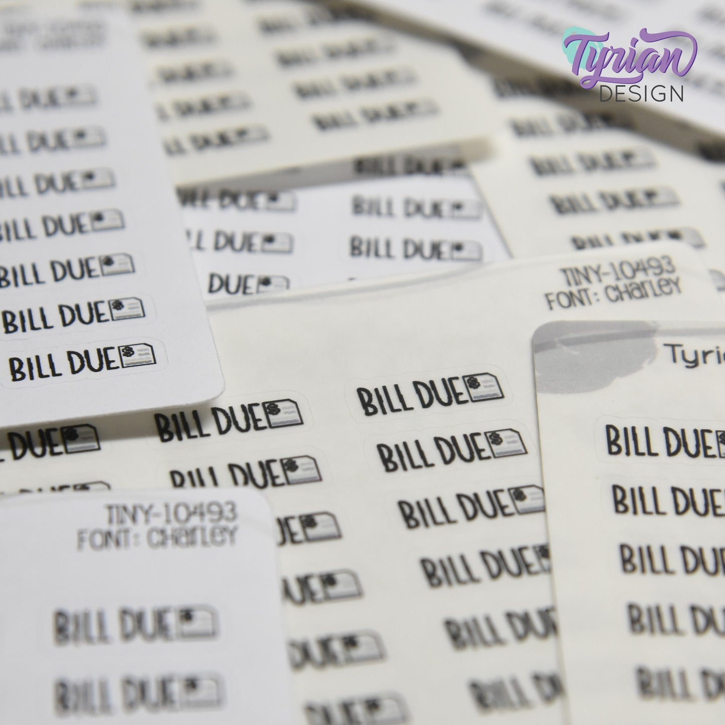 Tiny Bill Due Stickers|28 Stickers | .64 x .26" each | Font: Charley