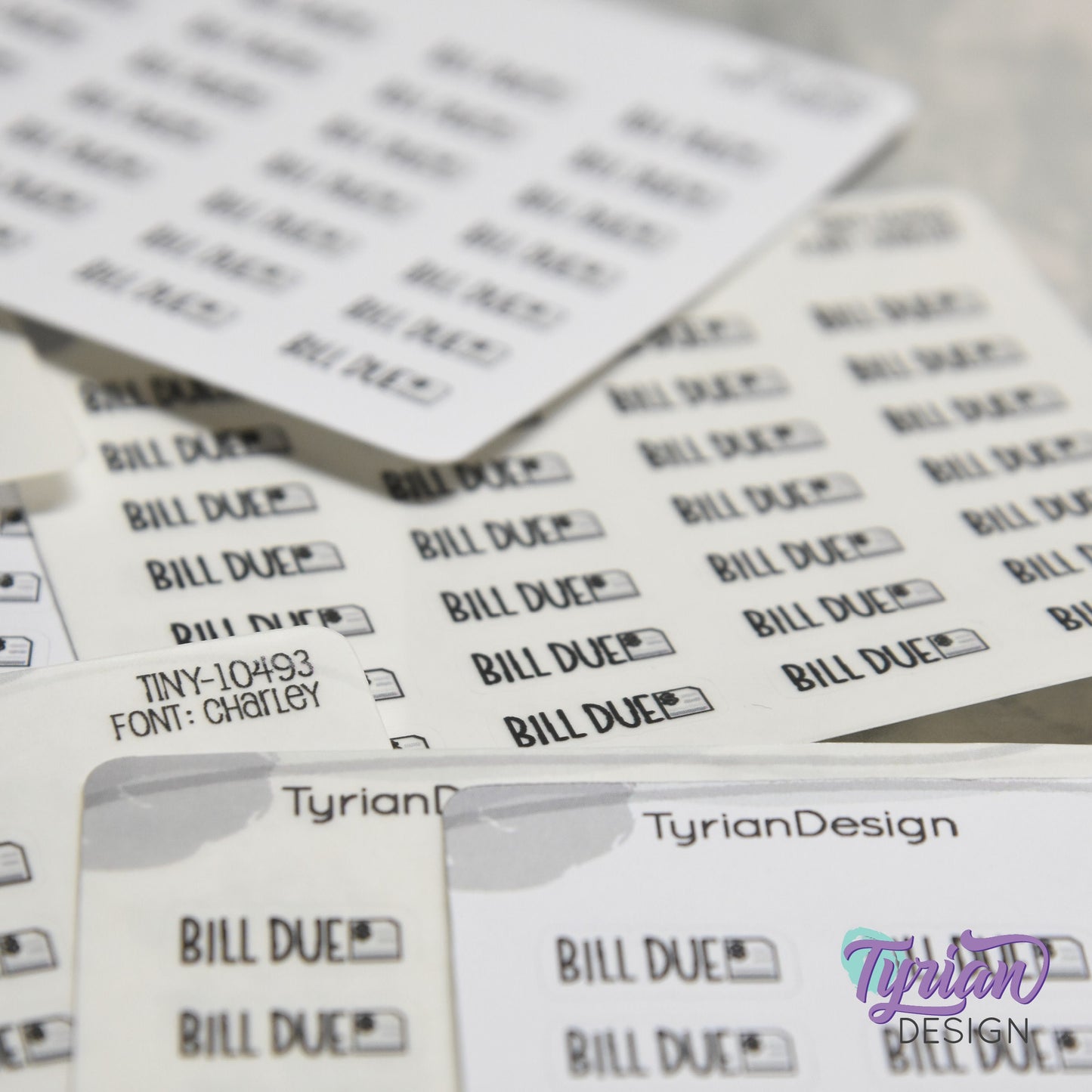 Tiny Bill Due Stickers|28 Stickers | .64 x .26" each | Font: Charley