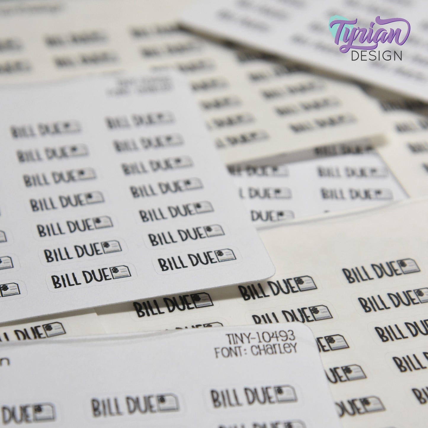 Tiny Bill Due Stickers|28 Stickers | .64 x .26" each | Font: Charley