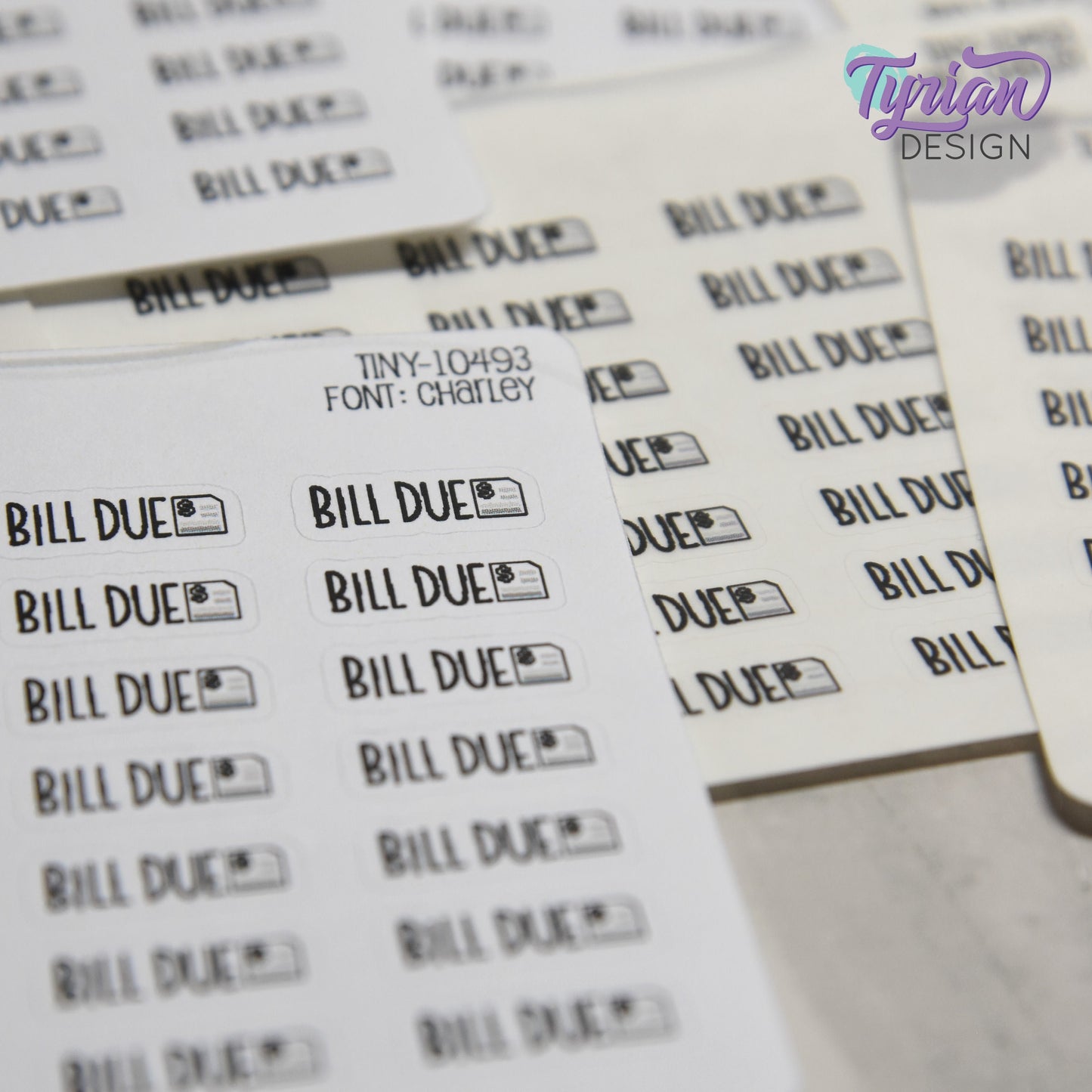 Tiny Bill Due Stickers|28 Stickers | .64 x .26" each | Font: Charley