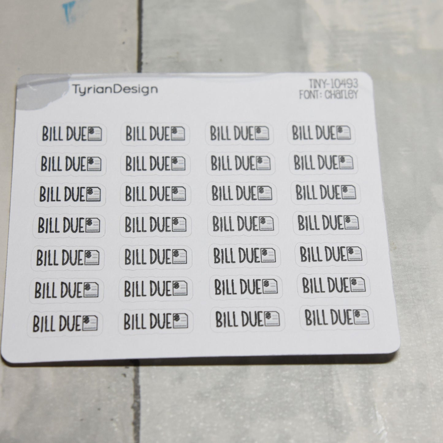 Tiny Bill Due Stickers|28 Stickers | .64 x .26" each | Font: Charley