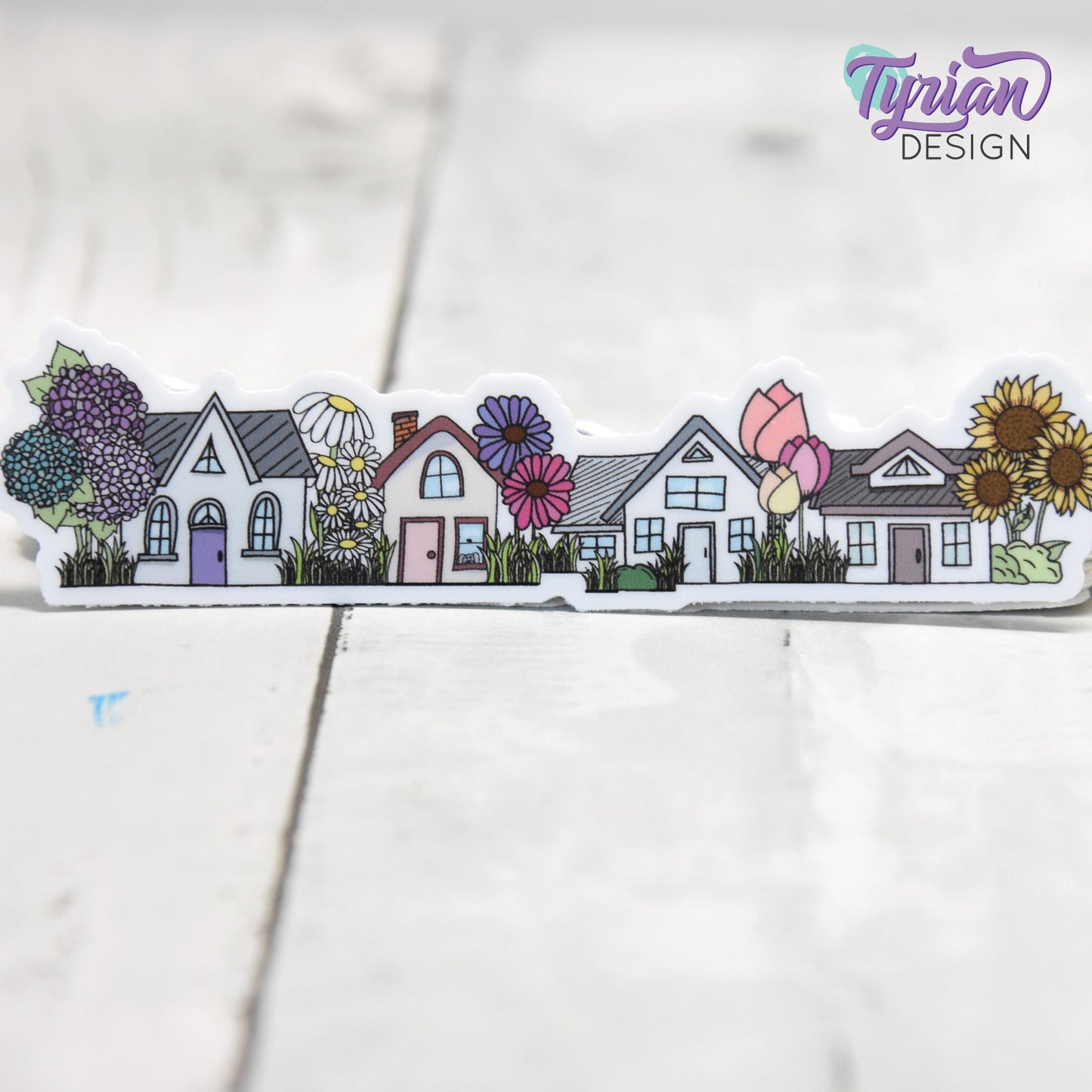 Flower Houses Vinyl Sticker | High quality weather proof vinyl | 4" x 1" | Four House Sticker| Little Neighborhood | Tumbler Sticker