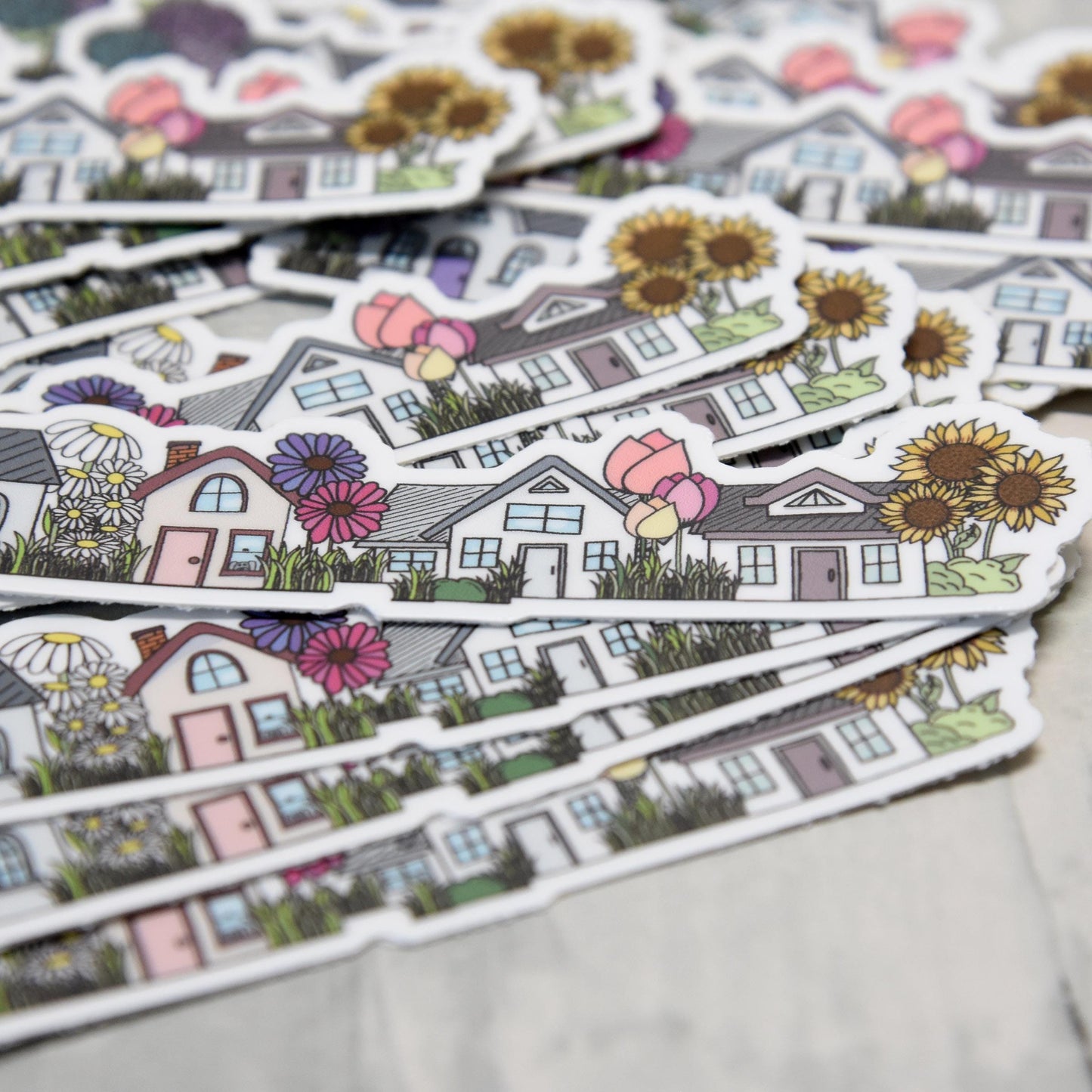 Flower Houses Vinyl Sticker | High quality weather proof vinyl | 4" x 1" | Four House Sticker| Little Neighborhood | Tumbler Sticker