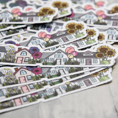 Flower Houses Vinyl Sticker | High quality weather proof vinyl | 4" x 1" | Four House Sticker| Little Neighborhood | Tumbler Sticker