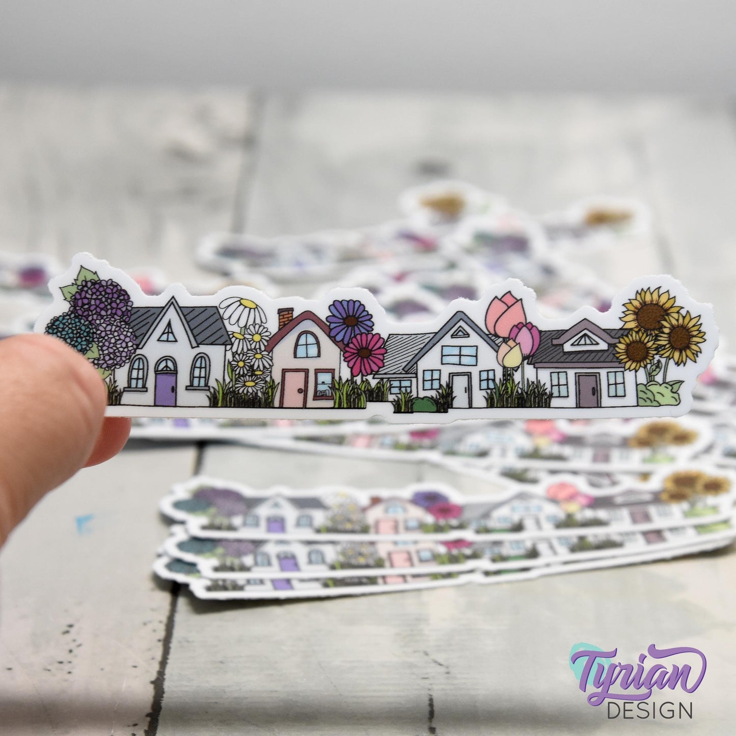 Flower Houses Vinyl Sticker | High quality weather proof vinyl | 4" x 1" | Four House Sticker| Little Neighborhood | Tumbler Sticker