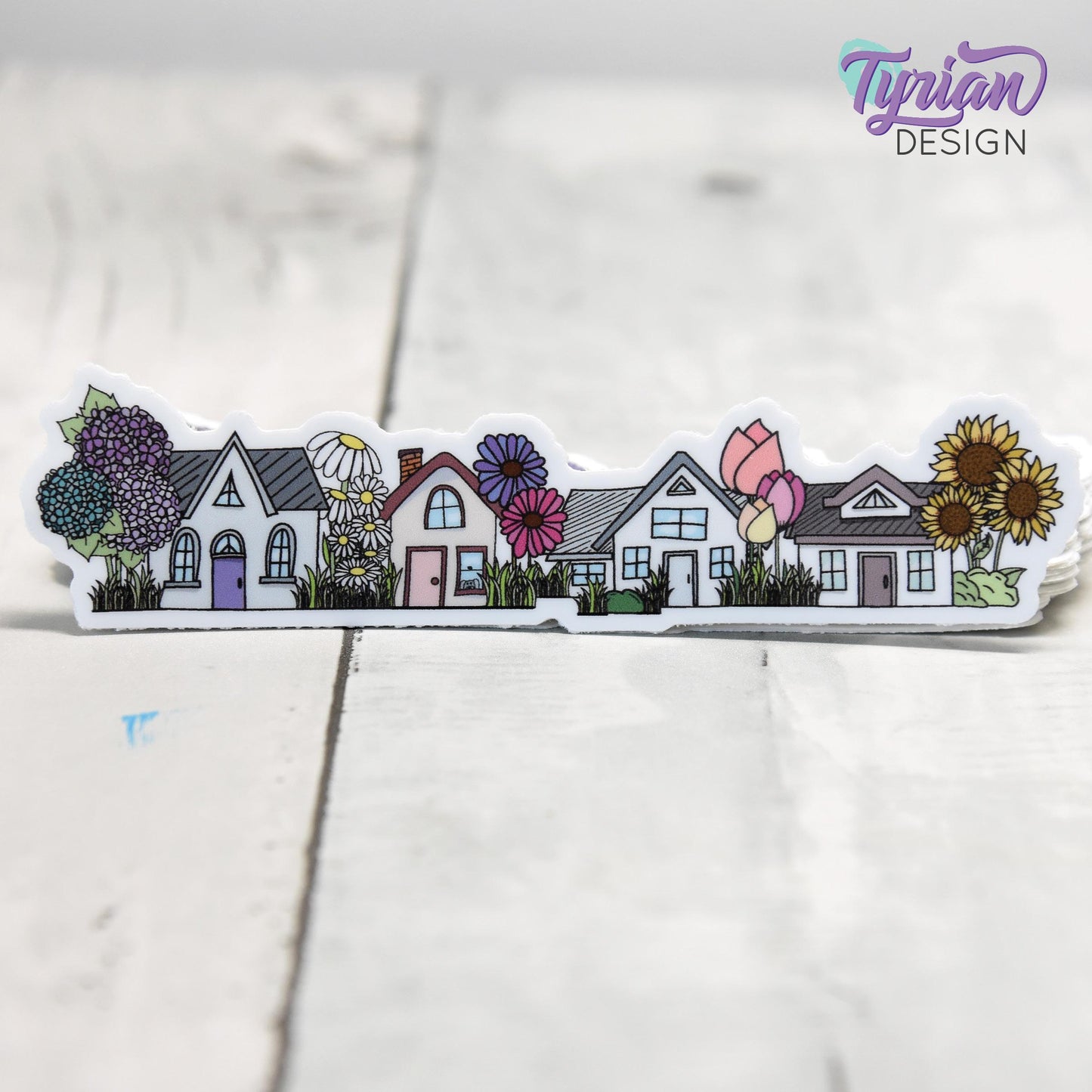 Flower Houses Vinyl Sticker | High quality weather proof vinyl | 4" x 1" | Four House Sticker| Little Neighborhood | Tumbler Sticker