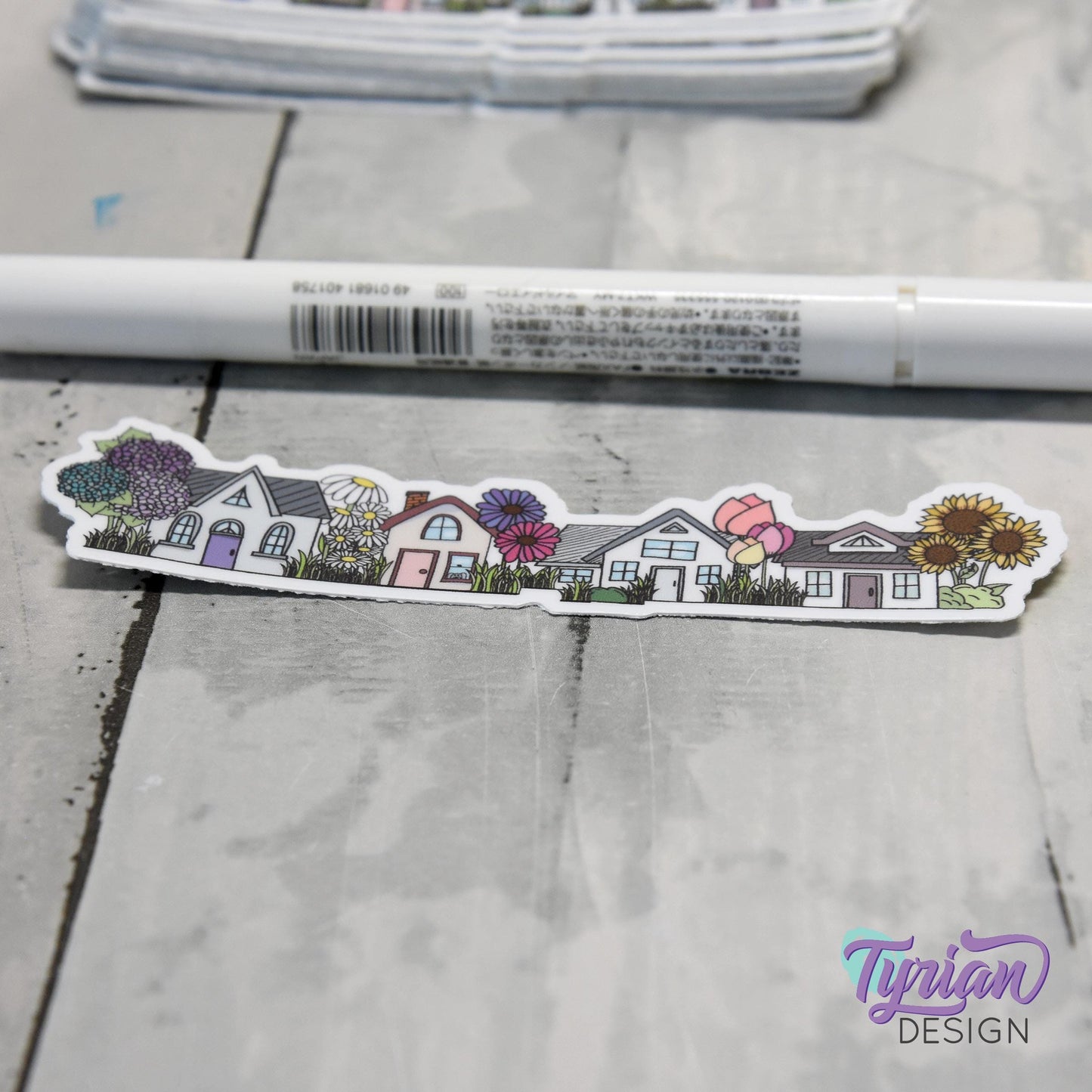 Flower Houses Vinyl Sticker | High quality weather proof vinyl | 4" x 1" | Four House Sticker| Little Neighborhood | Tumbler Sticker