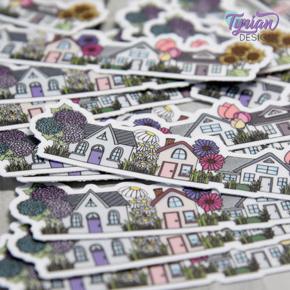 Flower Houses Vinyl Sticker | High quality weather proof vinyl | 4" x 1" | Four House Sticker| Little Neighborhood | Tumbler Sticker