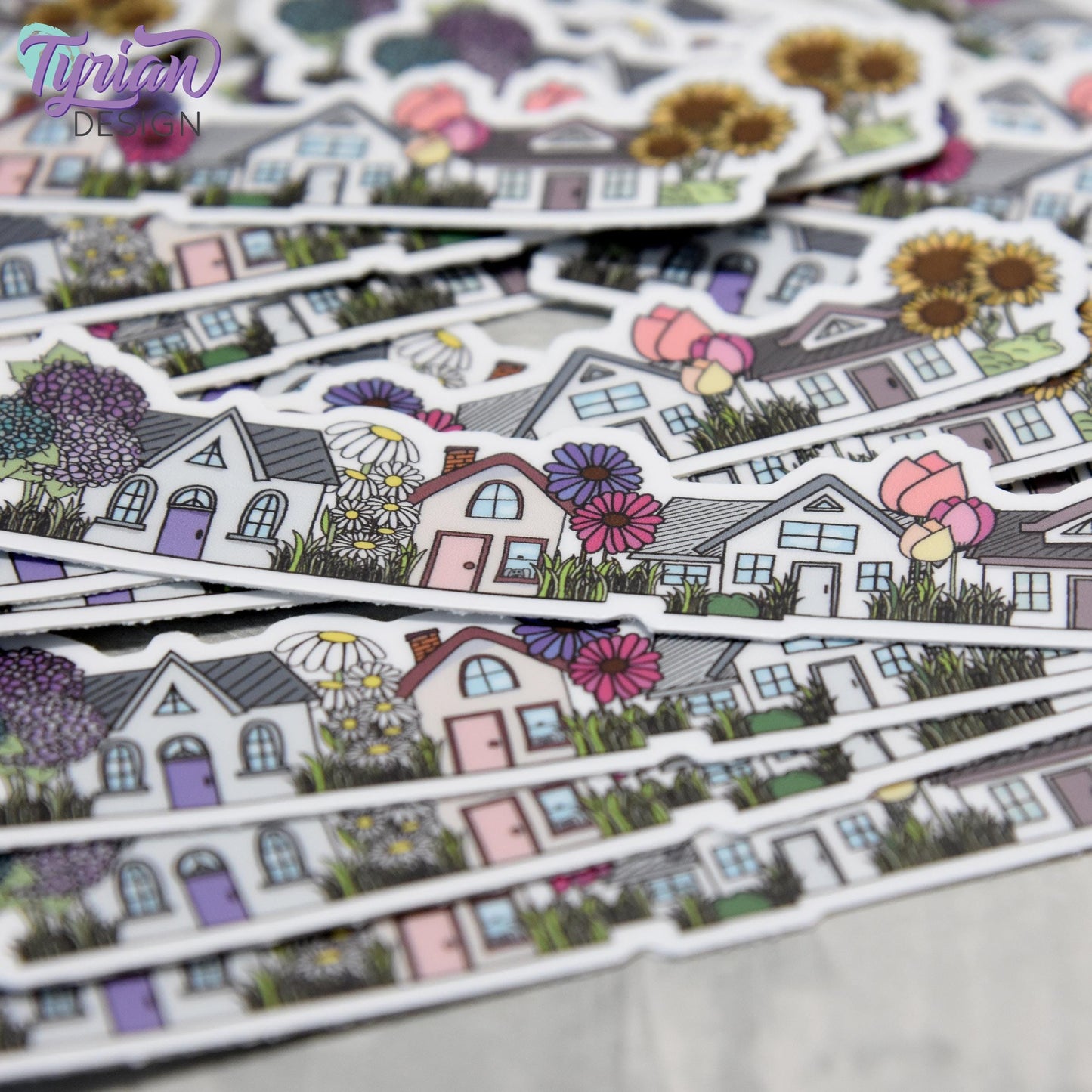 Flower Houses Vinyl Sticker | High quality weather proof vinyl | 4" x 1" | Four House Sticker| Little Neighborhood | Tumbler Sticker