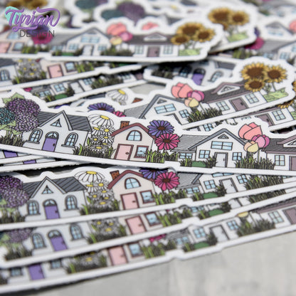 Flower Houses Vinyl Sticker | High quality weather proof vinyl | 4" x 1" | Four House Sticker| Little Neighborhood | Tumbler Sticker