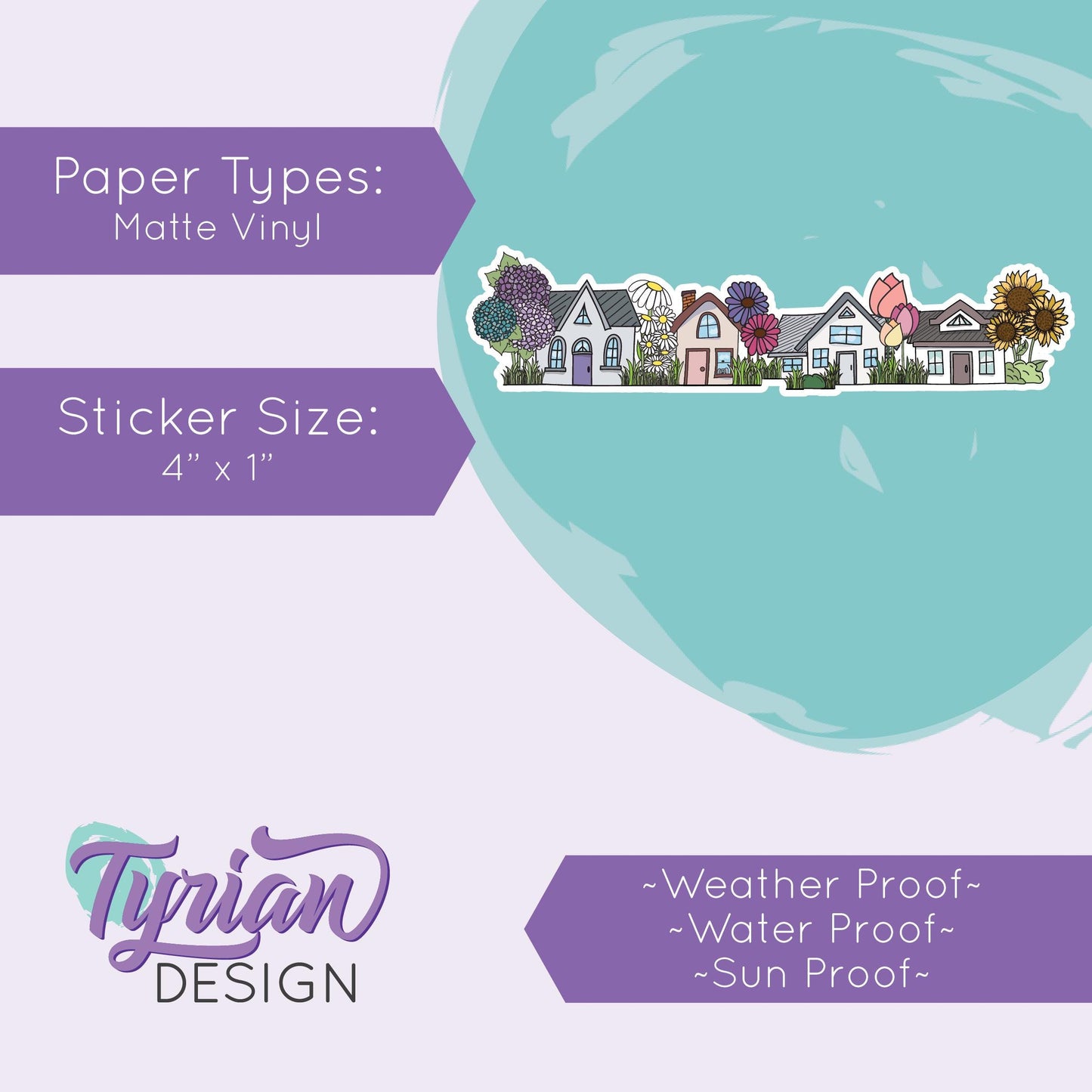 Flower Houses Vinyl Sticker | High quality weather proof vinyl | 4" x 1" | Four House Sticker| Little Neighborhood | Tumbler Sticker