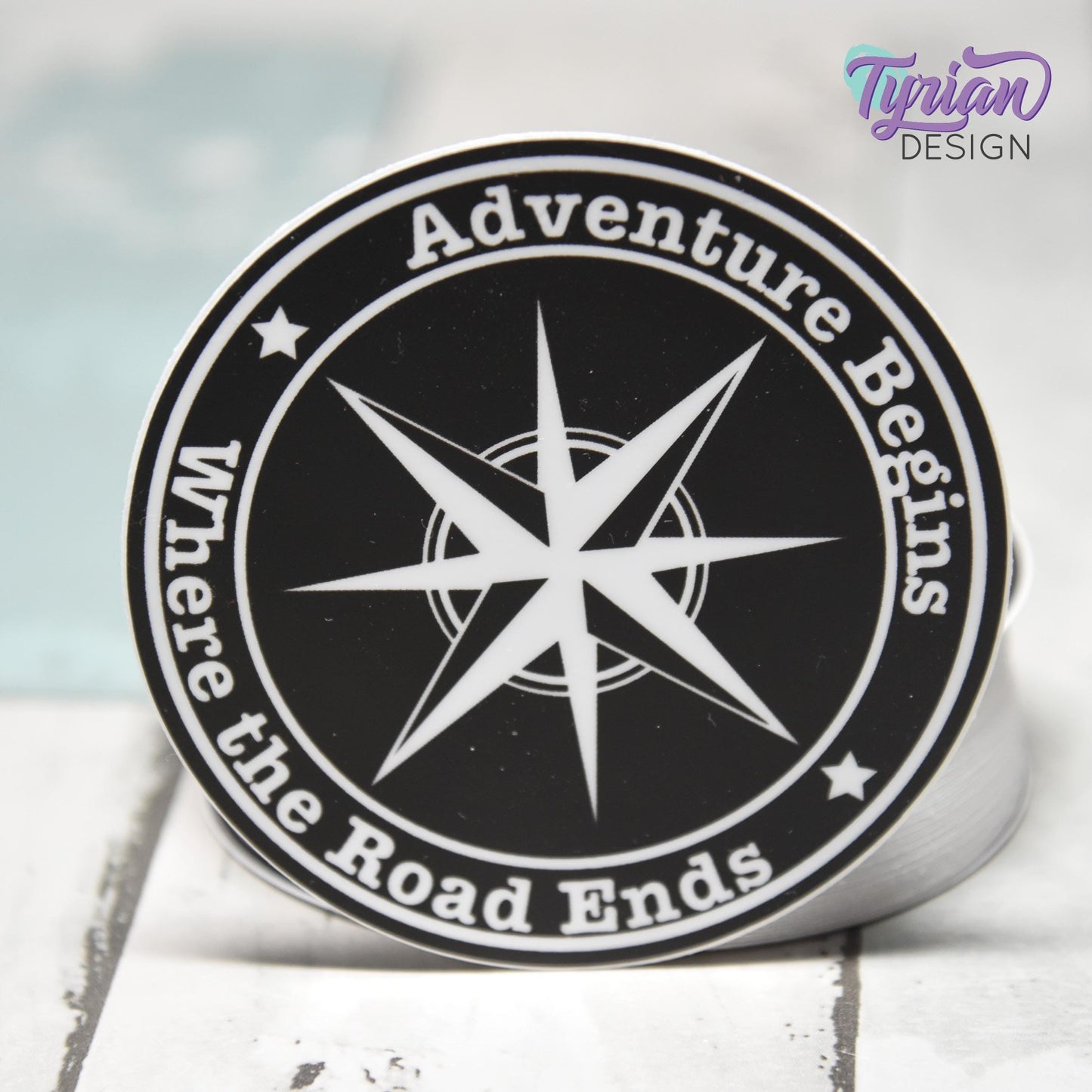 Adventure Begins where the road ends Vinyl Sticker, high quality weather proof vinyl. 3 inch Round Compass sticker