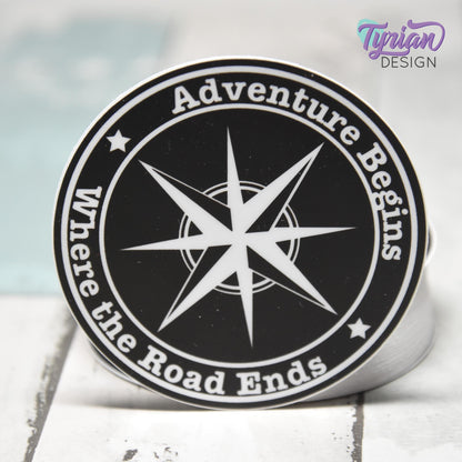 Adventure Begins where the road ends Vinyl Sticker, high quality weather proof vinyl. 3 inch Round Compass sticker