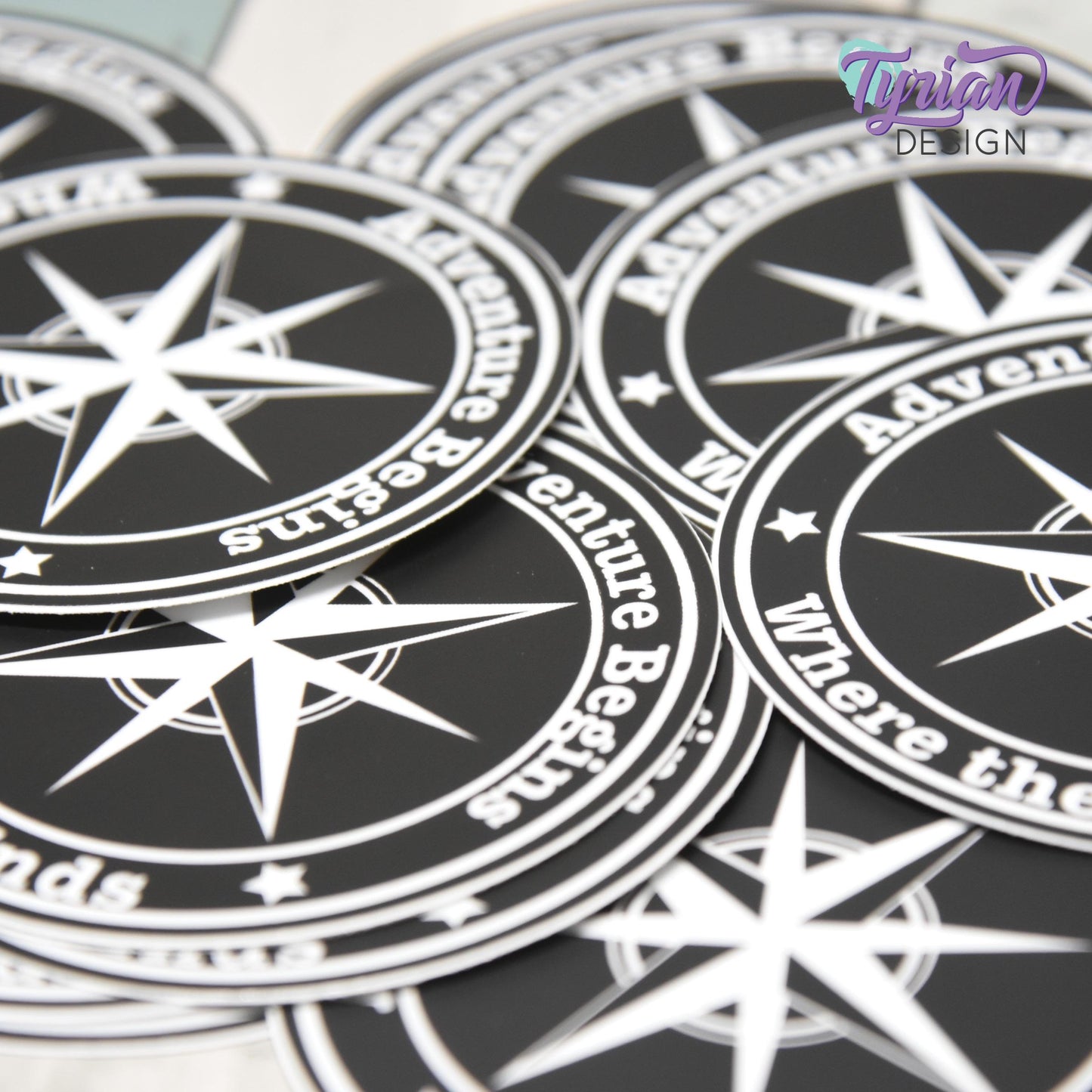 Adventure Begins where the road ends Vinyl Sticker, high quality weather proof vinyl. 3 inch Round Compass sticker