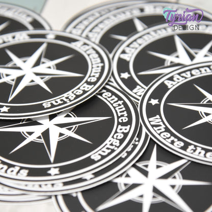 Adventure Begins where the road ends Vinyl Sticker, high quality weather proof vinyl. 3 inch Round Compass sticker