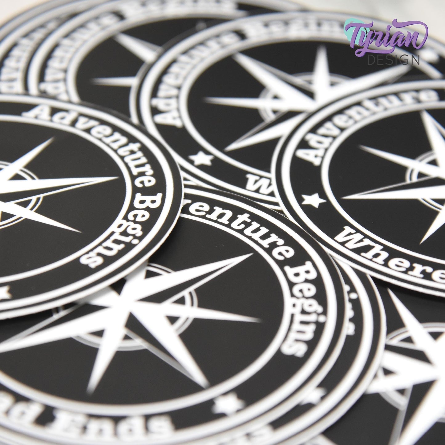 Adventure Begins where the road ends Vinyl Sticker, high quality weather proof vinyl. 3 inch Round Compass sticker