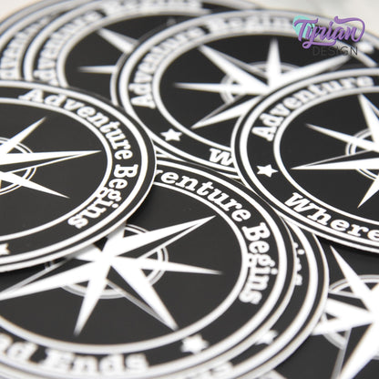 Adventure Begins where the road ends Vinyl Sticker, high quality weather proof vinyl. 3 inch Round Compass sticker