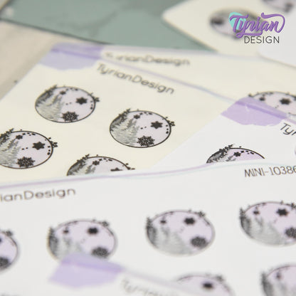 Mini Moon Stickers | Mini Sheet of Winter Moon | 8 Stickers | .65 x .64" each | 3.375" x 2.125" Mini Sheet | White or Clear Matte